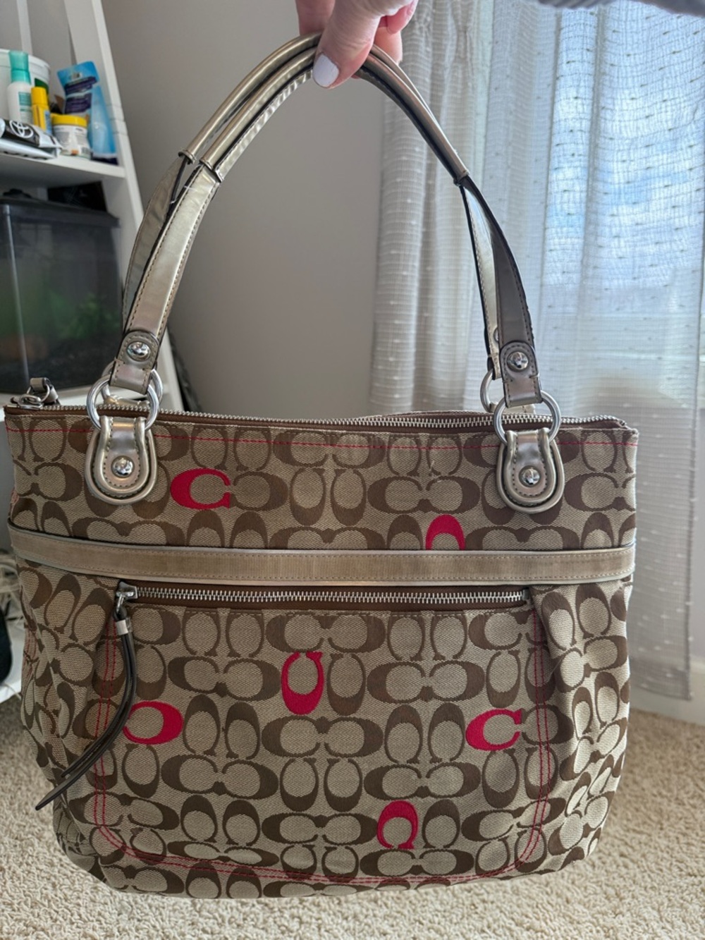 Coach POPPY Khaki Signature Canvas Shoulder Bag with Pink Logo Accents